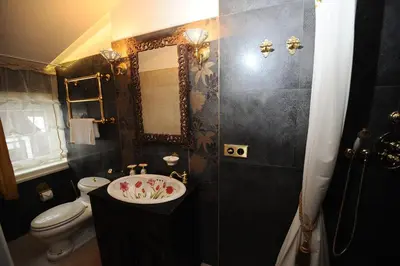 a bathroom with a sink and a toilet and a mirror at Argo Trakai in Trakai