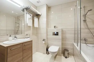 a bathroom with a toilet and a sink and a shower at Ballare House in Druskininkai