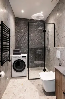 a washing machine in a bathroom with a shower at Studio Nemuno 27 in Kaunas