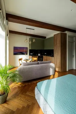 a living room with a couch and a table at Studio Nemuno 27 in Kaunas