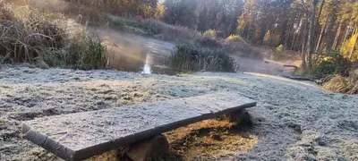 a wooden bench sitting in front of a river at River Mind Villa with SPA in Zalioji