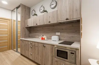a kitchen with wooden cabinets and a microwave at Raugyklos apartamentai in Vilnius