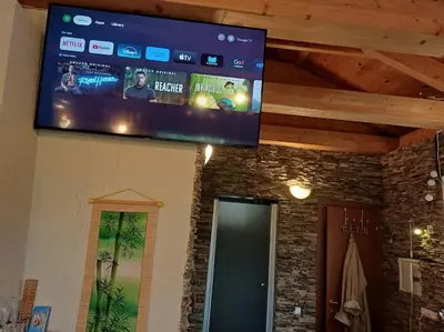 a flat screen tv hanging on a wall at Cottage with fireplace and sauna in Pakalniškės