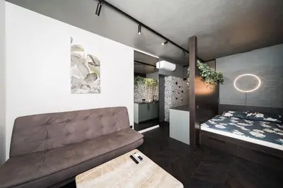 a living room with a couch and a bed at Jaukus butas Kauno centre in Kaunas