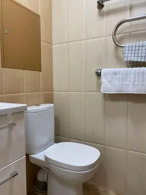 a bathroom with a white toilet and a sink at Cloud apartments in Alytus