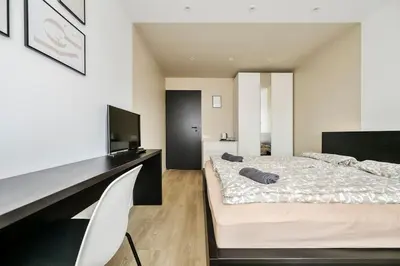 a bedroom with a large bed and a television at GoldenHugo Apartment in Vilnius
