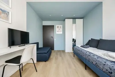 a living room with a bed and a tv at GoldenHugo rooms in Vilnius
