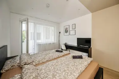 a bedroom with two beds and a television at GoldenHugo rooms in Vilnius