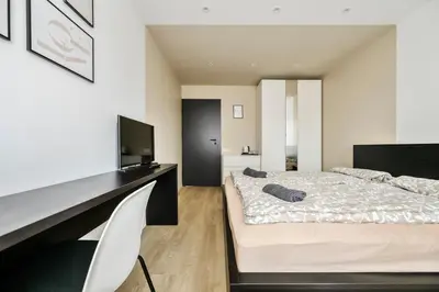 a bedroom with a bed and a desk with a television at GoldenHugo rooms in Vilnius