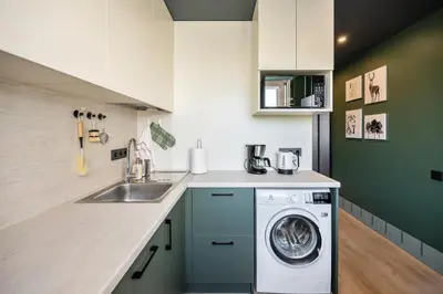 a kitchen with a washing machine and a sink at GoldenHugo rooms in Vilnius