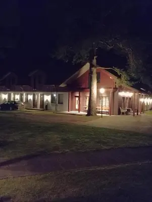 a building with a tree in front of it at night at Sodyba Prie Tvenkinio in Kurtuvėnai