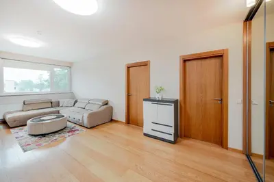 a living room with a couch and a tv at Onas apartament 2 with private parking in Kaunas