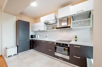 a kitchen with brown cabinets and white appliances at Onas apartament 2 with private parking in Kaunas