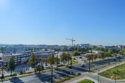an aerial view of a city with a parking lot at Two room Apartment - self check-in in Vilnius