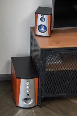 a stereo system sitting on top of a table at Modern Oasis in Vilnius Center by Reside Baltic in Vilnius