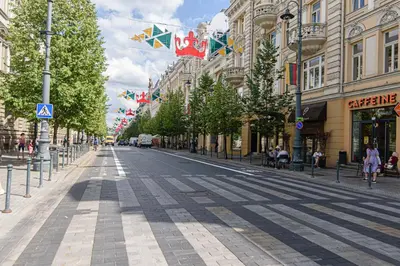 a street in a city with buildings and flags at Apartment Gedimino 22 in Vilnius