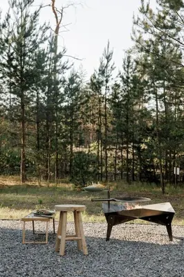 a grill and a picnic table and a piano at Vienis glamping - cozy and private forest house in Randamonys