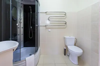 a bathroom with a shower and a toilet and a sink at Avanti apgyvendinimas-restoranas in Biržai