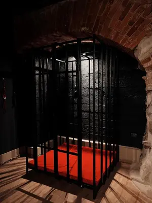 a black cage with a red bed in a room at FETISH Room in Kaunas