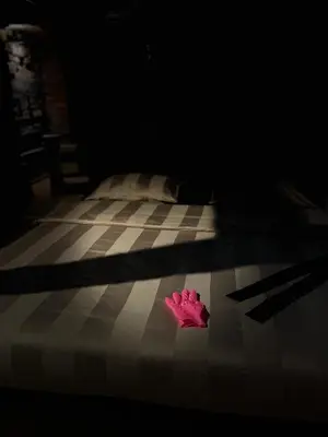 a pink paper on a bed in a dark room at FETISH Room in Kaunas
