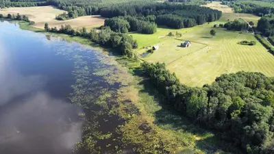 an aerial view of a river with trees and a field at Villa Erbrua in Obeliai