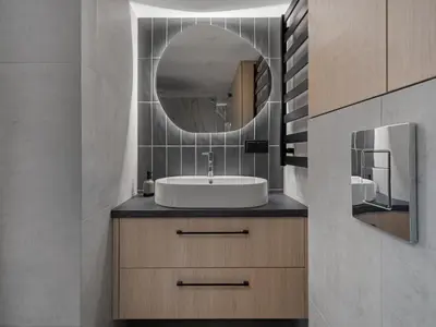 a bathroom with a sink and a mirror at Modern loft in City centre Self check-in No 45 in Vilnius