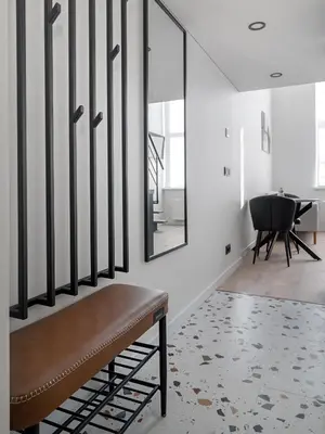 a room with a bench and a mirror at Modern loft in City centre Self check-in No 47 in Vilnius