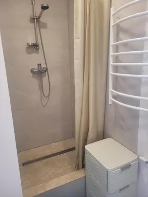 a shower with a curtain and a toilet in a bathroom at Cozy apartment Akropolis in Vilnius