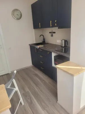 a kitchen with black cabinets and a wooden floor at Cozy apartment Akropolis in Vilnius