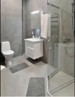 a bathroom with a shower and a sink and a toilet at Happy Inn Lux apartment, self Check, parking, Tilto str in Vilnius
