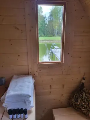 a room with a window in a log cabin at Pine Valley Villa - beautiful nature, jacuzzi, sauna, cozy log house in Inturkė