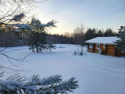 a log cabin in the snow with a trail at Pine Valley Villa - beautiful nature, jacuzzi, sauna, cozy log house in Inturkė