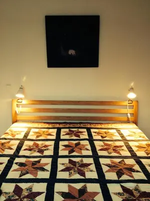 a bedroom with a bed with a quilt on it at Apartment in Druskininkai Lithuania in Druskininkai