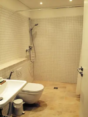 a bathroom with a shower and a toilet and a sink at Apartment in Druskininkai Lithuania in Druskininkai