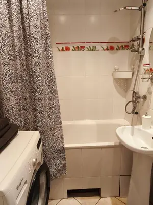 a bathroom with a tub and a sink and a washing machine at Mocha Apartment in Druskininkai