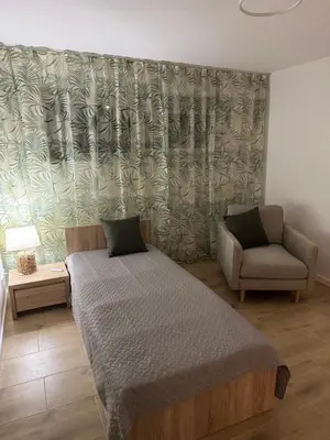 a bedroom with a bed and a couch and a chair at Gilės namai in Kaunas
