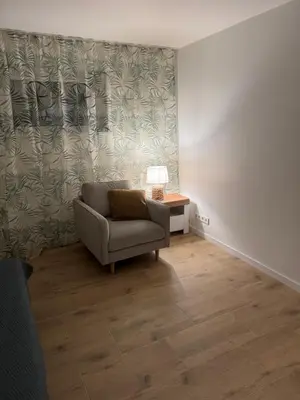 a living room with a chair and a table with a lamp at Gilės namai in Kaunas
