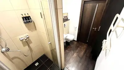 a bathroom with a shower and a toilet in it at Zygio Apartamentai in Vilnius
