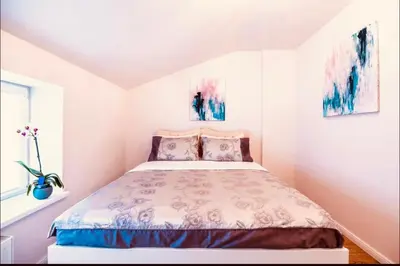 a small bedroom with a bed with pink walls at Blue Hound Cottage in Kaunas
