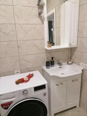 a bathroom with a washing machine and a sink at Privatus 2kambariu butas in Birštonas