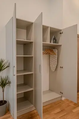 a white closet with white shelves and a potted plant at Railway Apartments in Vilnius