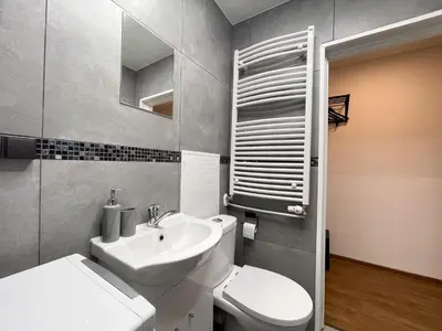 a bathroom with a white toilet and a sink at IG Apartments in Karmėlava