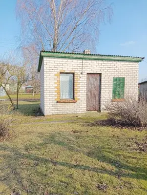 a small brick house with a door on a yard at Via baltica in Degėsiai