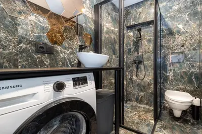 a bathroom with a washing machine and a toilet at Top Loft Kaunas in Kaunas