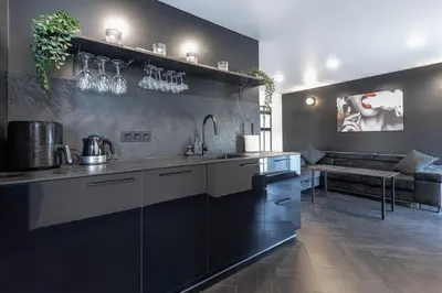 a kitchen with a sink and a living room at Top Loft Kaunas in Kaunas