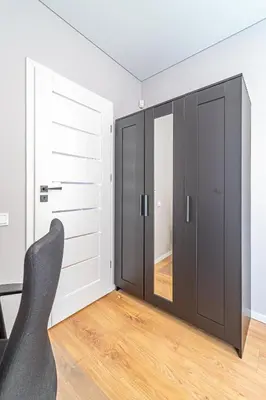 a room with two black closets and a mirror at Oak Park Apartment in Kaunas