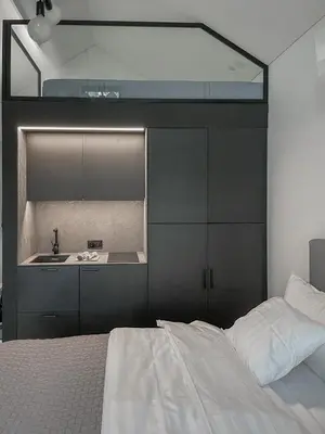 a bedroom with a bed and a sink in it at Lakeview Modern Karaim Cottage Trakai in Trakai