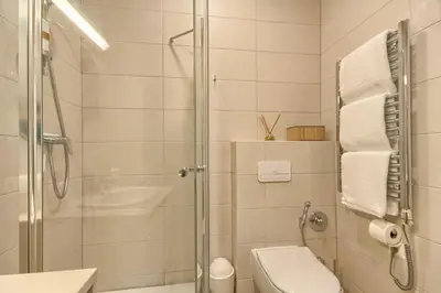 a bathroom with a shower and a toilet and a sink at Drusk Sun in Druskininkai