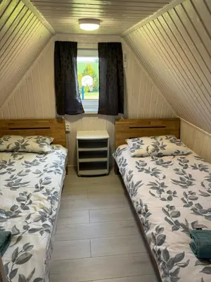 two beds in a small room with a window at Pinetree House in Gudeliai