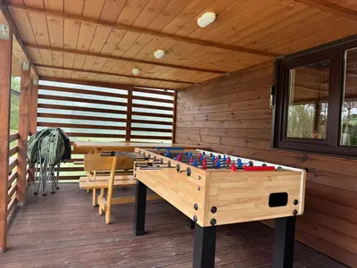 a wooden room with a pool table in it at Pinetree House in Gudeliai